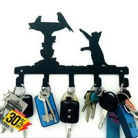 Cat & Birds Bath 5 Hook Key 6 Hook Ferro Grain Black Home Décor