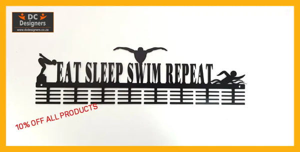 Eat Sleep Swim Repeat 64 Tier Medal Hanger (Option Of Colors Available) Black Sports Medal Hangers