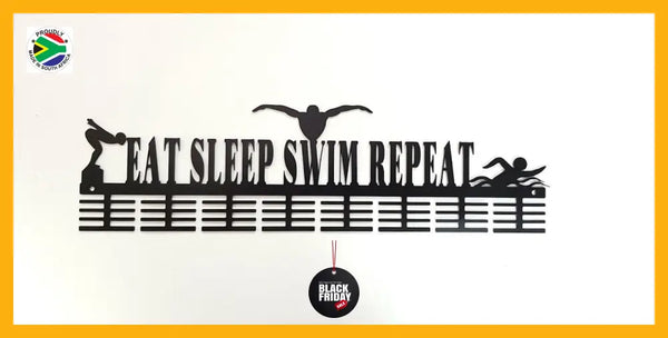 Eat Sleep Swim Repeat 64 Tier Medal Hanger (Option Of Colors Available) Black Sports Medal Hangers