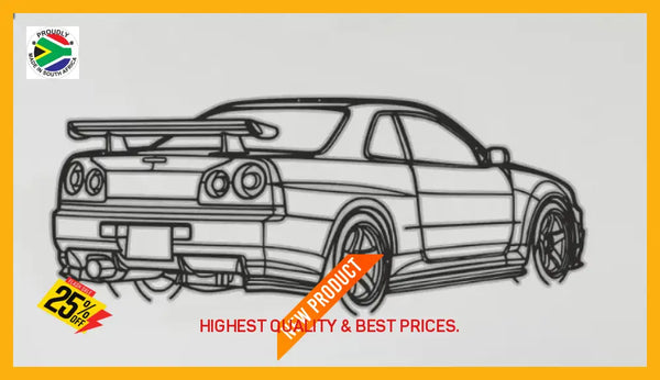 Nissan Gtr R34 Rear Angle Detailed Silhouette Metal Wall Art