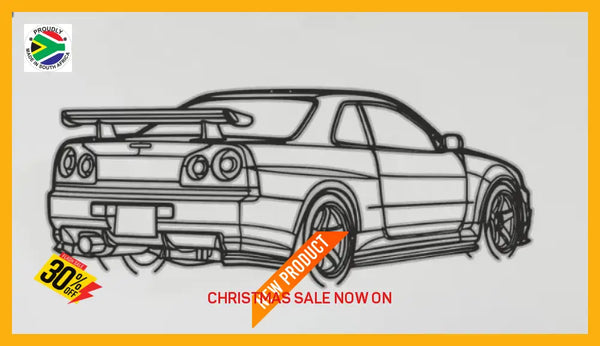 Nissan Gtr R34 Rear Angle Detailed Silhouette Metal Wall Art